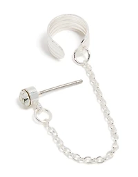 Silver Diamante Ribbed Cuff & Stud Earring