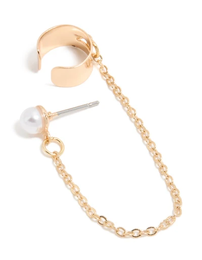 Gold Chain Ear Cuff & Pearl Stud Earring