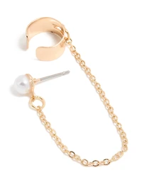 Gold Chain Ear Cuff & Pearl Stud Earring