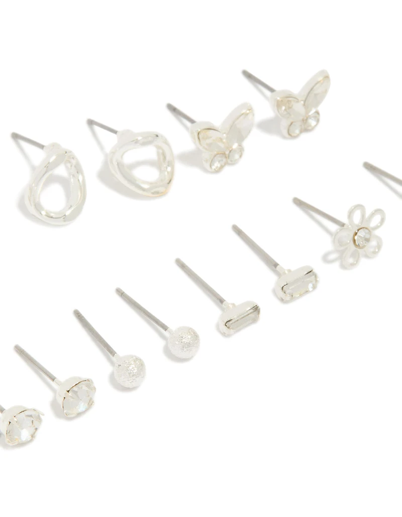 Silver Butterfly & Diamante Teardrop Earrings 7-Pack