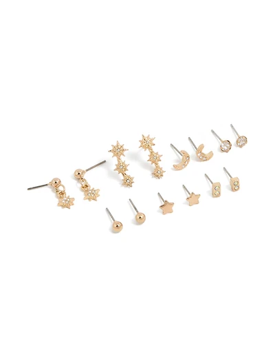 Boucles d’oreilles dorées Diamante Étoile et Lune en pack de 7