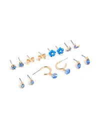 Gold Blue Diamante  Flower & Bow Earrings 7-Pack