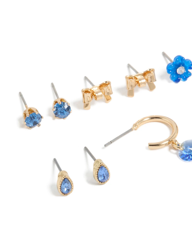 Boucles d’oreilles fleur et nœud diamant bleu doré pack de 7
