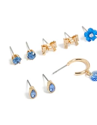 Boucles d’oreilles fleur et nœud diamant bleu doré pack de 7