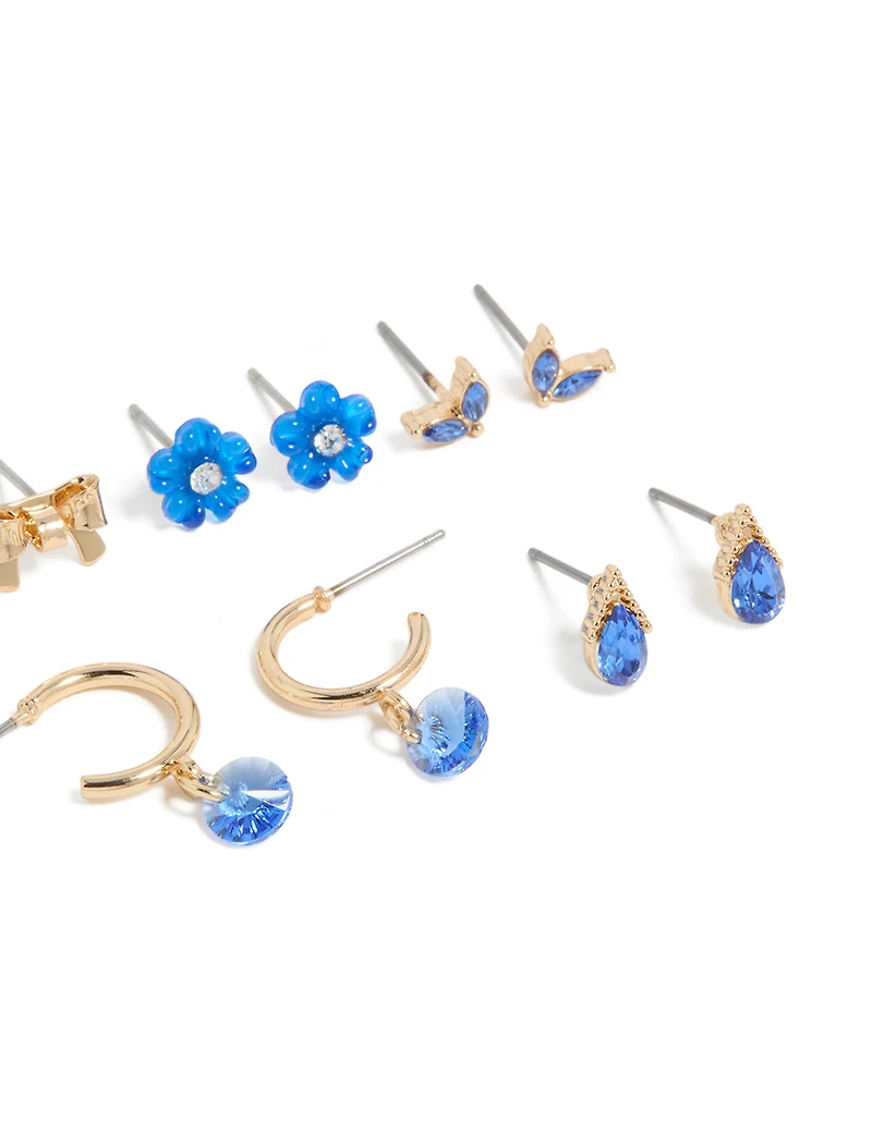 Gold Blue Diamante  Flower & Bow Earrings 7-Pack