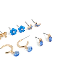 Gold Blue Diamante  Flower & Bow Earrings 7-Pack