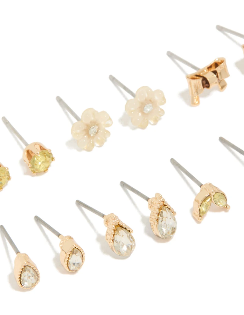 Gold Flower & Bow Earrings 7-Pack