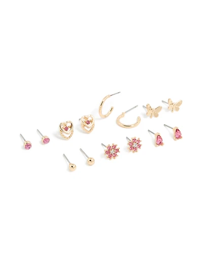 Boucles d’oreilles fleur et boucles de boule diamants rose dorées en pack de 7