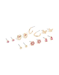 Boucles d’oreilles fleur et boucles de boule diamants rose dorées en pack de 7