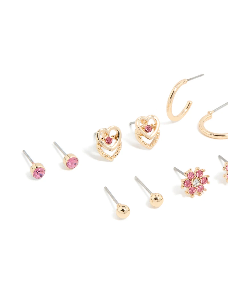 Boucles d’oreilles fleur et boucles de boule diamants rose dorées en pack de 7