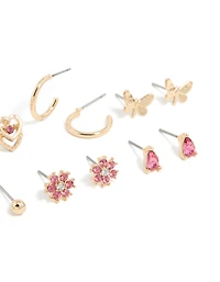 Gold Pink Diamante Flower & Ball  Stud Earrings 7-Pack