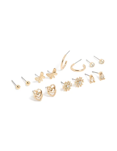 Boucles d’oreilles diamants dorées fleur et papillon en paquet de 7