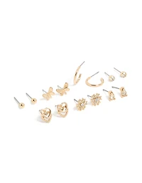 Boucles d’oreilles diamants dorées fleur et papillon en paquet de 7