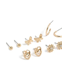 Boucles d’oreilles diamants dorées fleur et papillon en paquet de 7
