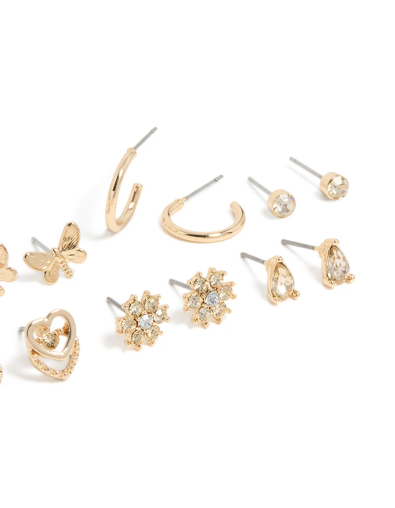 Gold Diamante Flower & Butterfly Stud Earrings 7-Pack