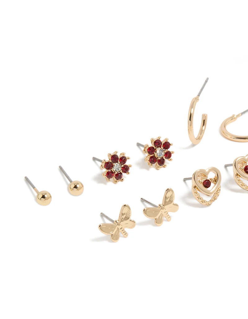 Gold Red Diamante Flower & Heart Stud Earrings 7-Pack