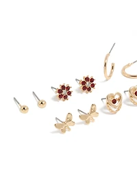 Gold Red Diamante Flower & Heart Stud Earrings 7-Pack