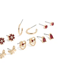 Gold Red Diamante Flower & Heart Stud Earrings 7-Pack