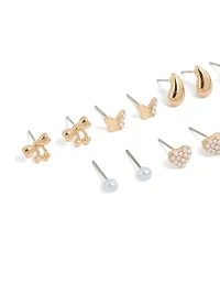 Gold Mini Pearl & Bow Stud Earrings 7-Pack