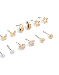 Gold Mini Pearl & Bow Stud Earrings 7-Pack