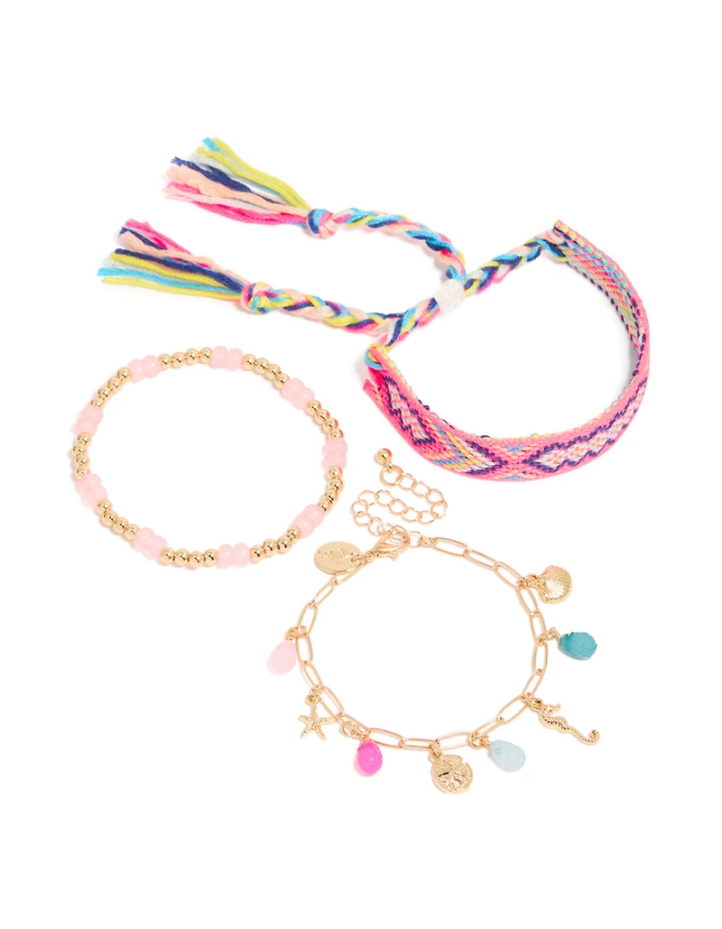 Gold Pink Beaded & Sea Charm Bracelets 3-Pack