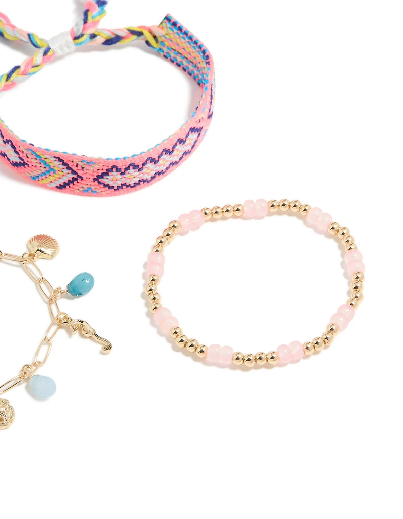 Gold Pink Beaded & Sea Charm Bracelets 3-Pack