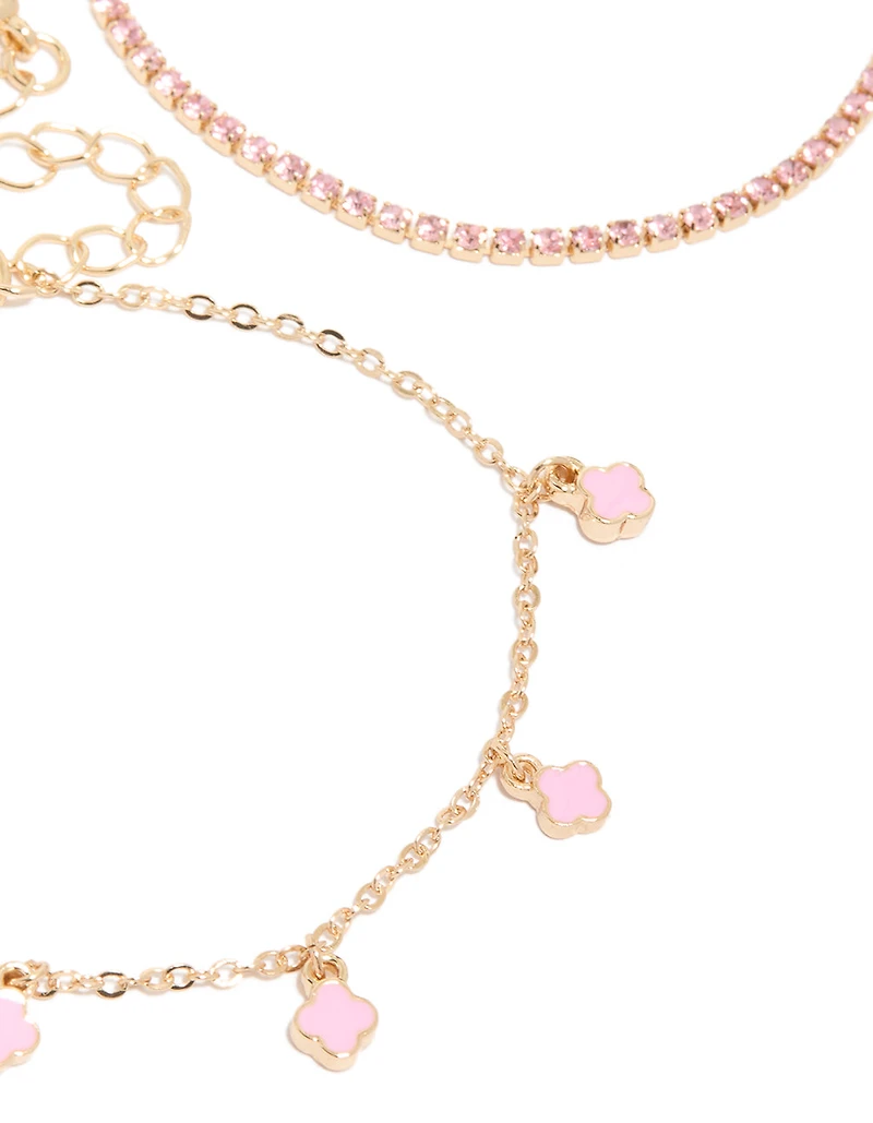 Gold Pink Beaded & Flower Charm Bracelets 4-Pack