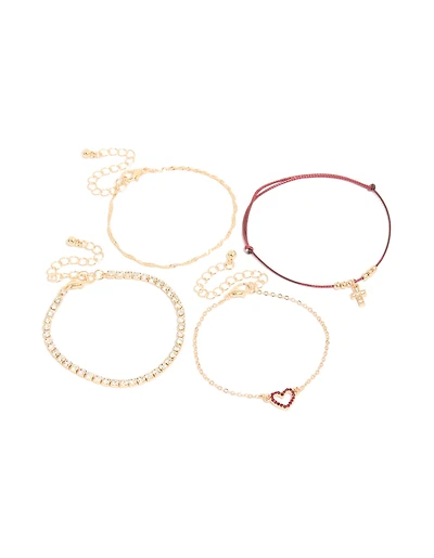 Gold Burgundy Cord & Heart Bracelets 4-Pack