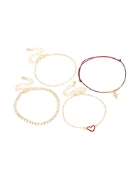 Gold Burgundy Cord & Heart Bracelets 4-Pack