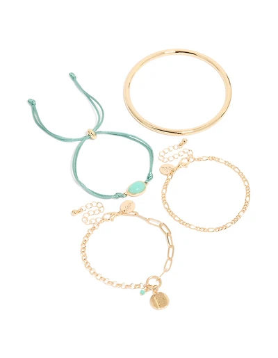 Gold Turquoise Stone Bangle & Cord Bracelets 4-Pack