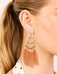 Boucles d’oreilles en plume orange bohème célestes dorées