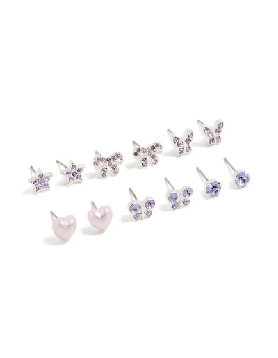 Kids Silver Diamante Butterfly Stud Earrings 6-Pack