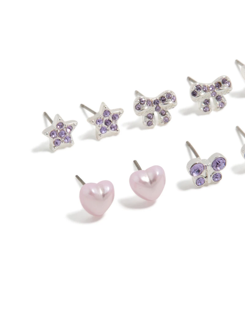 Kids Silver Diamante Butterfly Stud Earrings 6-Pack