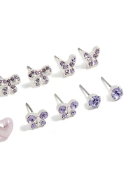 Kids Silver Diamante Butterfly Stud Earrings 6-Pack