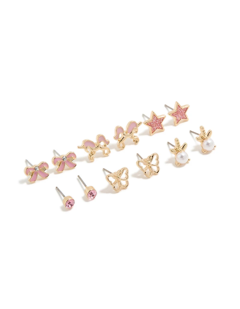 Kids Gold Pearl & Unicorn Stud Earrings 6-Pack