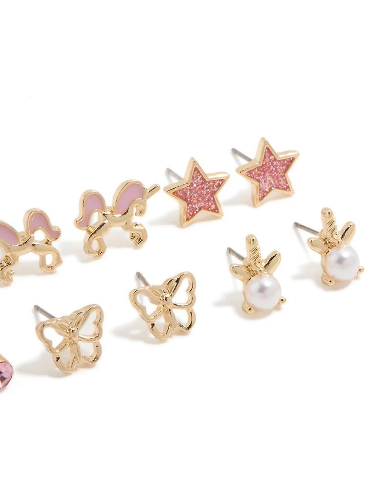 Kids Gold Pearl & Unicorn Stud Earrings 6-Pack