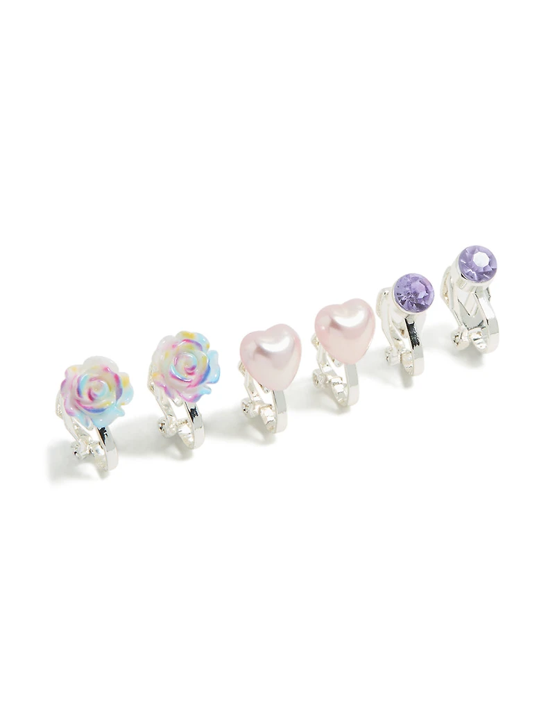 Kids Silver Ombre Rose  & Pearl Clip-On Earrings 5-Pack