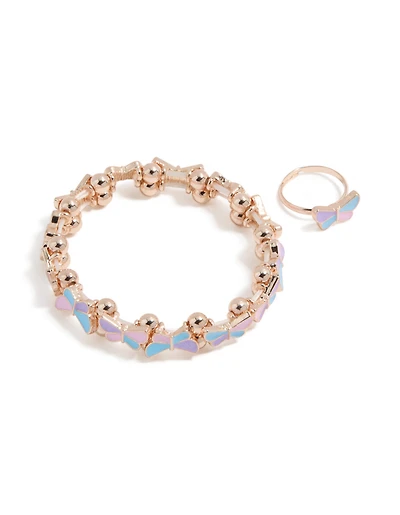 Kids Rose Gold Pastel Butterfly Bracelet & Ring Set