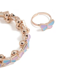 Kids Rose Gold Pastel Butterfly Bracelet & Ring Set