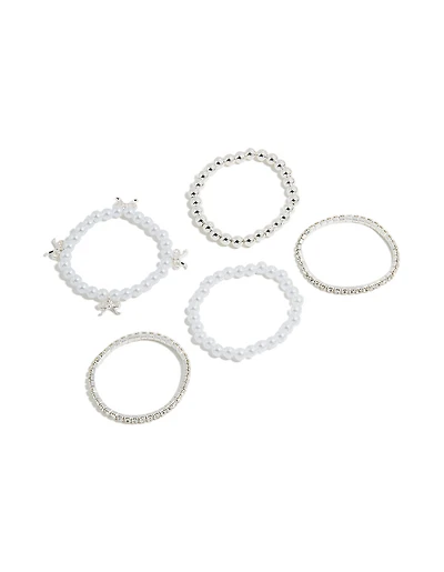 Kids Silver Tennis & Pearl Bow Stretch Bracelets 5-Pack