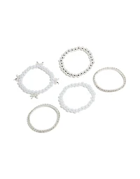 Kids Silver Tennis & Pearl Bow Stretch Bracelets 5-Pack
