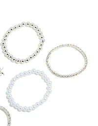 Kids Silver Tennis & Pearl Bow Stretch Bracelets 5-Pack