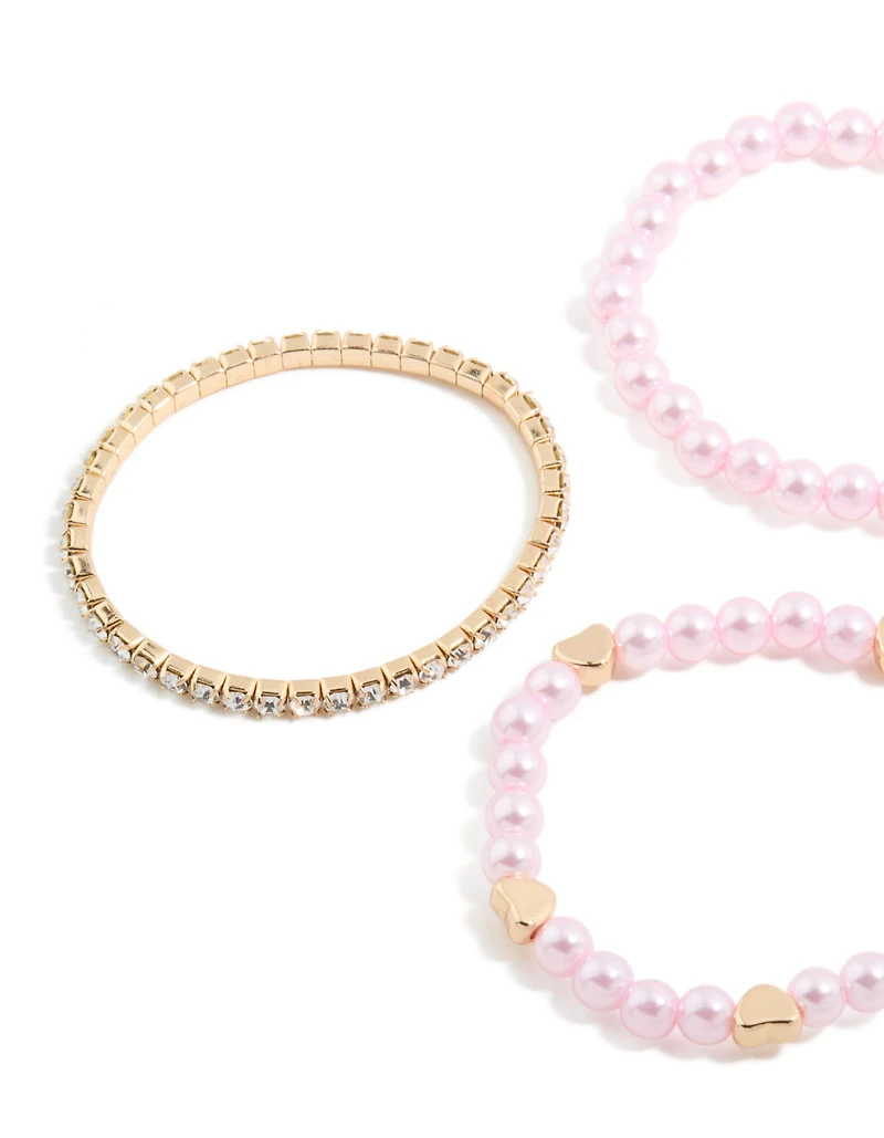 Kids Beaded Pearl & Heart Stretch Bracelets 5-Pack
