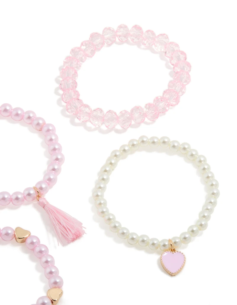 Kids Beaded Pearl & Heart Stretch Bracelets 5-Pack