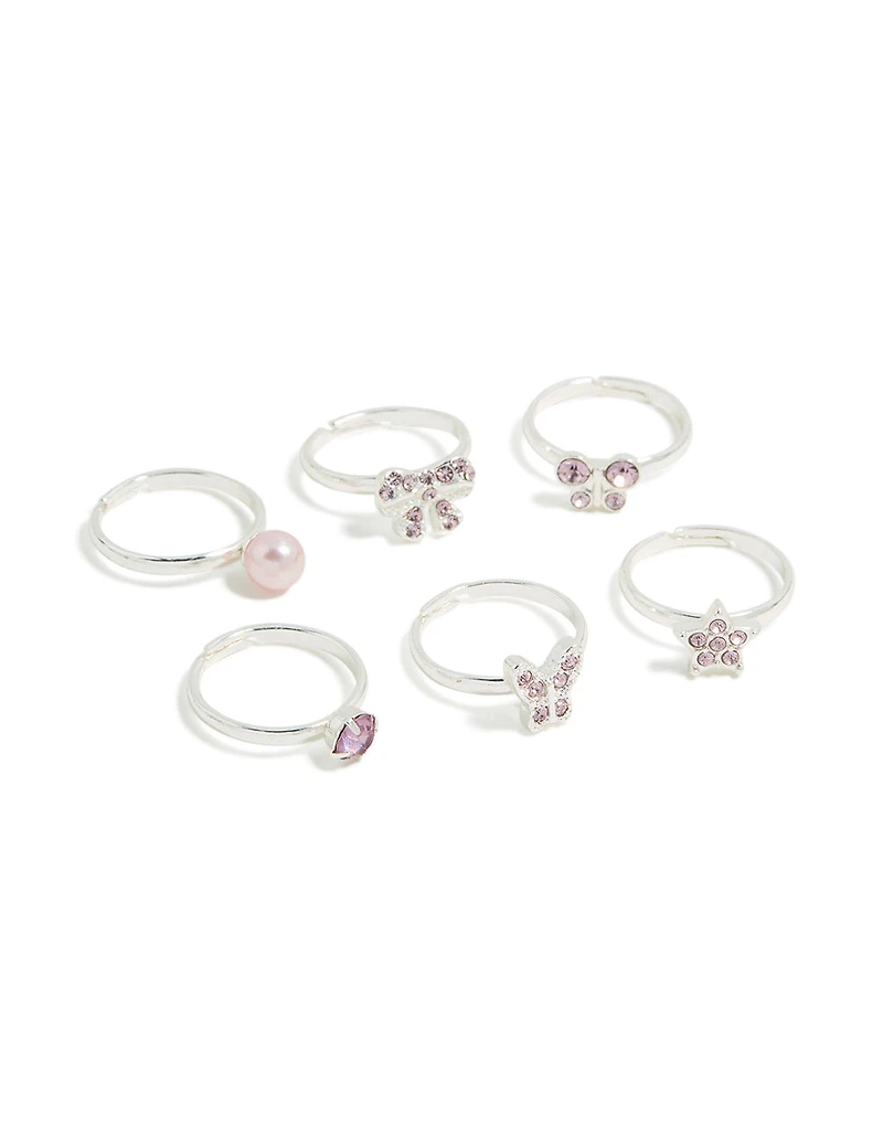 Kids Silver Diamante Butterfly & Bow Rings 6-Pack