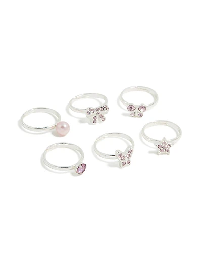 Kids Silver Diamante Butterfly & Bow Rings 6-Pack
