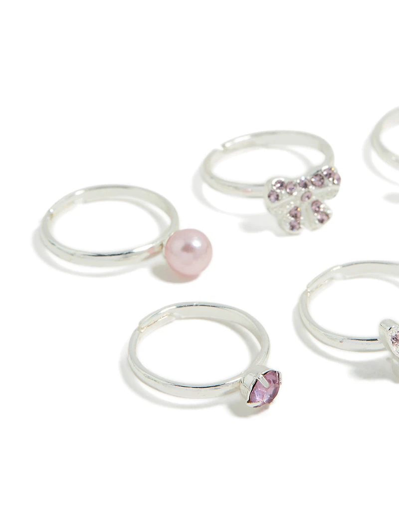 Kids Silver Diamante Butterfly & Bow Rings 6-Pack