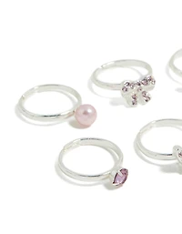 Kids Silver Diamante Butterfly & Bow Rings 6-Pack