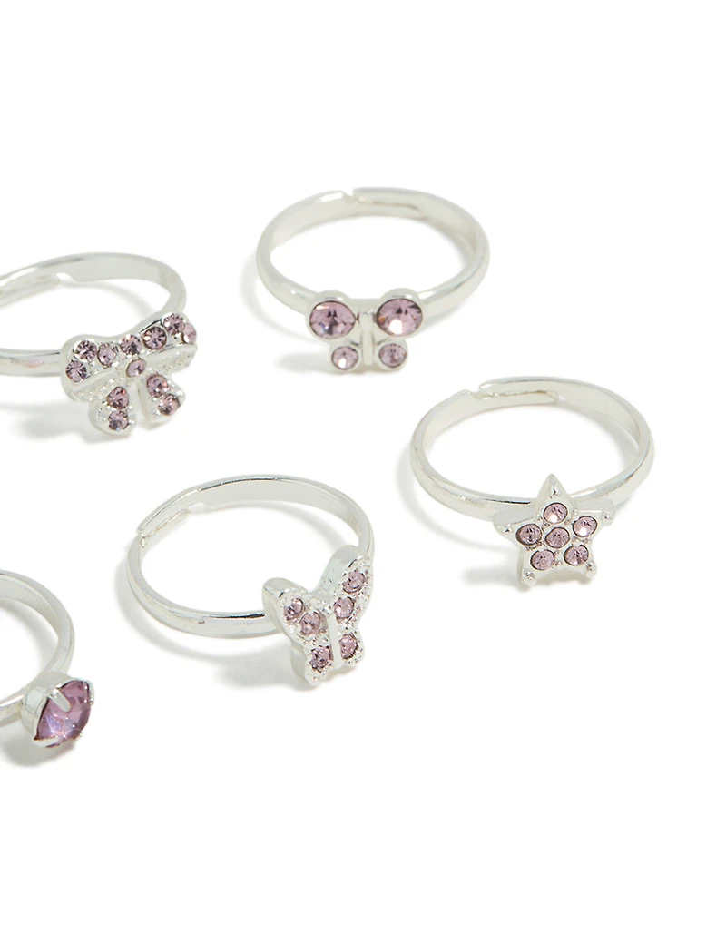 Paquet de 6 anneaux papillons et nœuds diamants argentés pour enfants