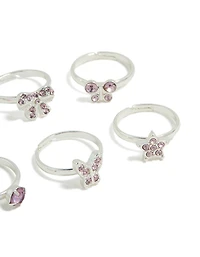 Paquet de 6 anneaux papillons et nœuds diamants argentés pour enfants